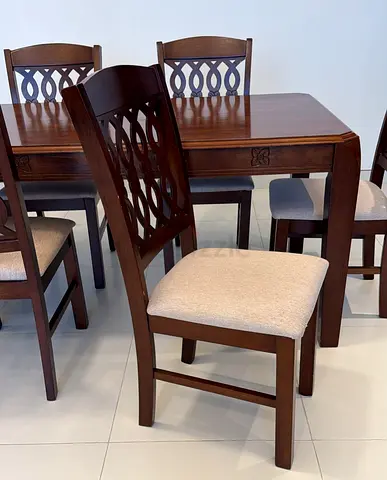 Solid Wood 6-Seater Dining Table with Upholstered Chairs - Dark Brown
