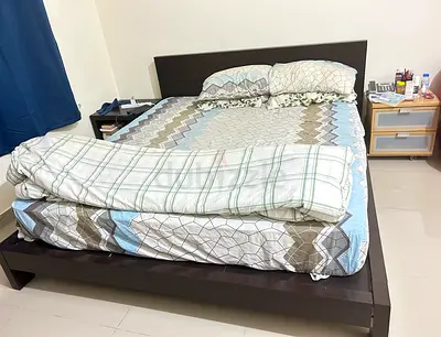 Bed frame (king size) with drawers + mattress + Dark wood bedside table with shelf - good condition