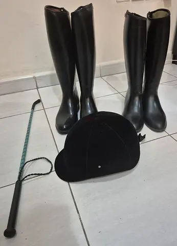 Equestrian riding boots, helmet and crop set - used, good condition