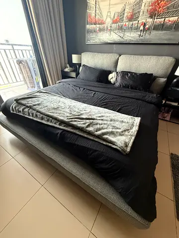 Full bedroom Used King Size Platform Bed with Headboard and Mattress - Grey - side tables, lamps, an