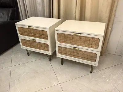 West Elm Pair of White Bedside Tables with Rattan Drawer Fronts