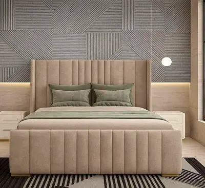 Upholstered Double Bed with Headboard and Storage - Neutral Beige