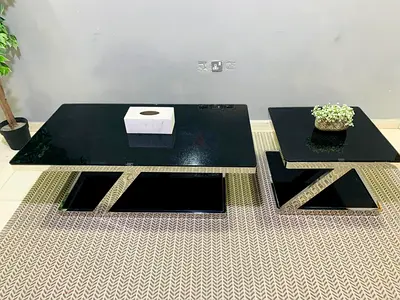 Set of 3 Modern Black Glass Coffee Tables with Z-Shaped Bases