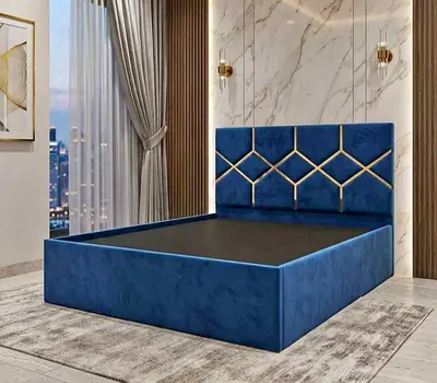 Blue Velvet Platform Bed with Geometric Headboard