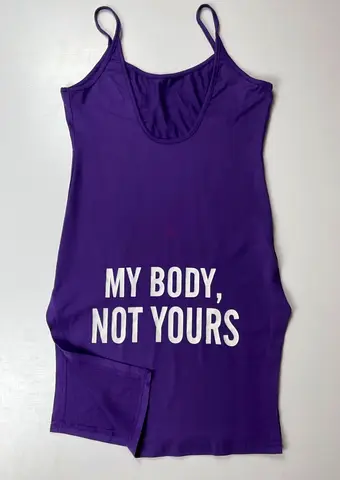 Purple Sleeveless Mini Dress with "My Body, Not Yours" Print - Size M