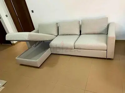 Light beige 3-seater sofa with storage chaise, good condition
