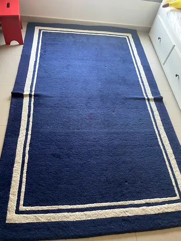 Large Navy Blue Rectangular Rug with Double Cream Border - Good Condition