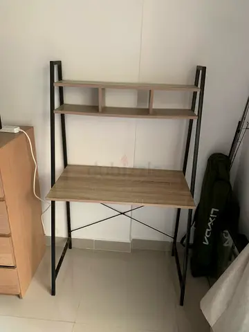Wood and Black Metal Study Desk with Shelves