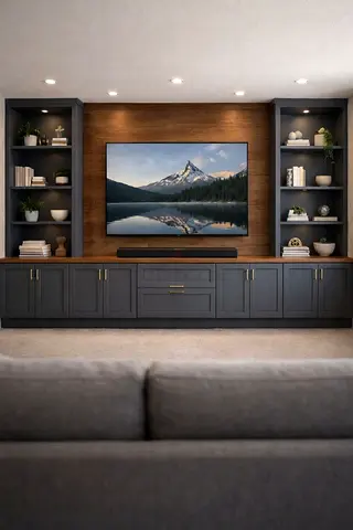 Custom Built-In Entertainment Unit with Shelves and Cabinets