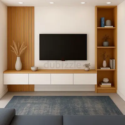 Modern wall-mounted TV unit with integrated shelving and cabinets