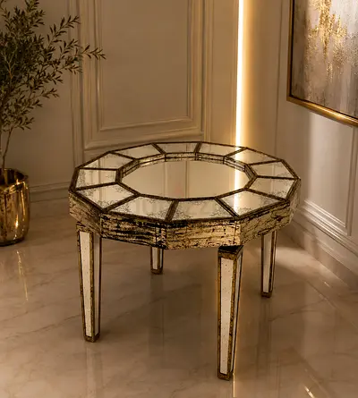 The one Vintage Mirrored Octagonal entrance Table - Distressed Gold Finish