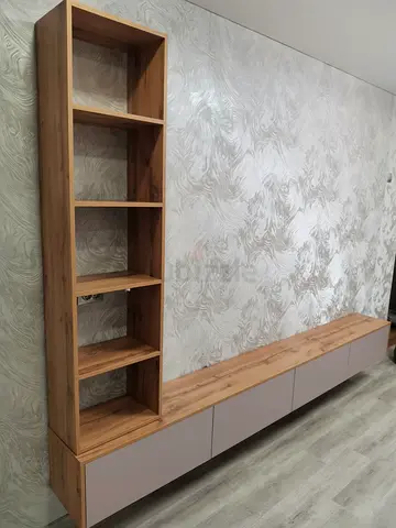 Wall-mounted entertainment unit with tall open shelving - oak finish