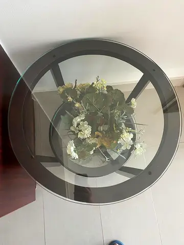 Round Glass Top Side Table with Dark Wooden Frame