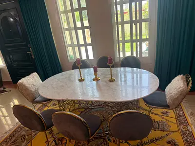 Marble-top oval dining table with 6 velvet chairs — good condition