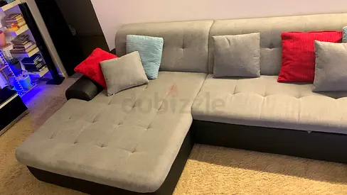 Grey U-shaped Fabric Sofa with Chaise - Good Condition