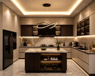 Modern kitchen cabinets and kitchen island with marble countertop and built-in shelving