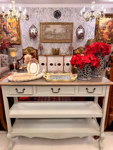 Painted Console Table with Open Shelves and Drawers - Classic Vintage Style