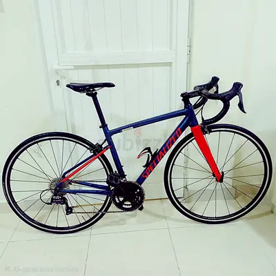 Specialized road bike in blue, red and black.