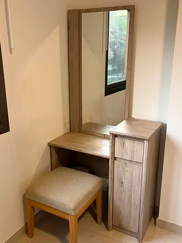 Compact dressing table with mirror, stool and storage cabinet