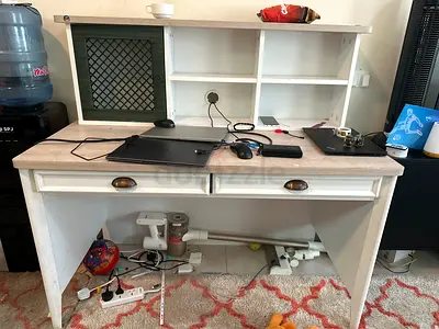 White wooden desk with hutch - compact study table