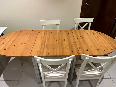 Solid Wood Extendable Dining Table with 4 White Chairs - Good Condition