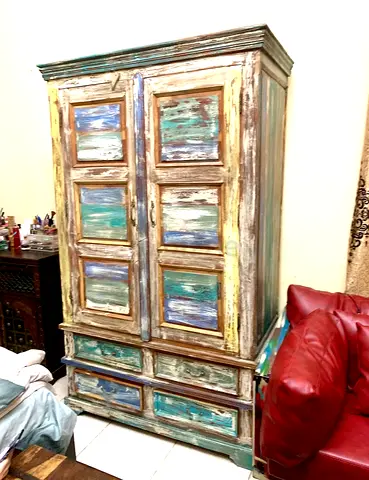 Vintage reclaimed wood wardrobe / armoire - distressed multicolour finish