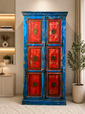 Hand-painted Vintage Wooden Wardrobe / Armoire - Blue  Red