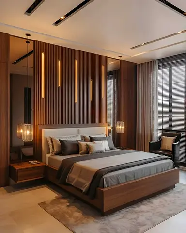 Modern wooden platform bed with bedside tables - queen size