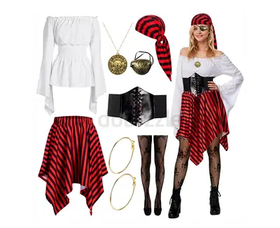 Women's Pirate Costume Set - Red/Black Striped Skirt with Blouse & Accessories