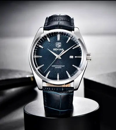 Benyar Men's Classic Quartz Watch - Black Dial, Leather Strap