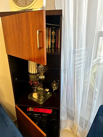 Dark wood multi-compartment storage cabinet with doors