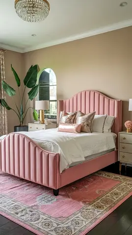 Upholstered Pink Velvet Queen Bed with Headboard & foodboard