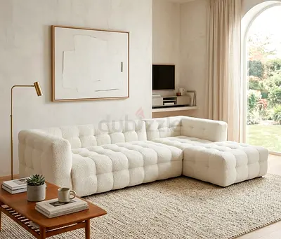 Cream Tufted Modular Corner Sofa — Right Chaise, Bouclé Upholstery