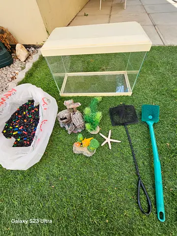 Small Glass Aquarium Tank with Accessories (Gravel, Decor, Nets) - Good Condition
