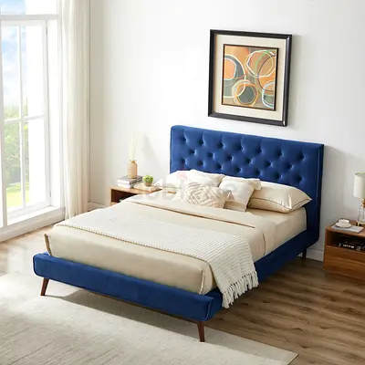 Navy blue button tufted king platform bed