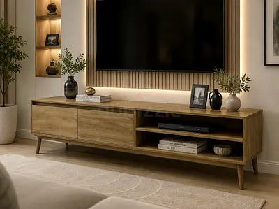 Solid Wood Low TV Console / Entertainment Unit - Mid-Century Style