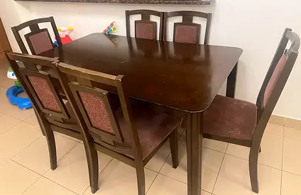 Solid Wood 6-Seater Dining Table with Upholstered Chairs - Dark Brown