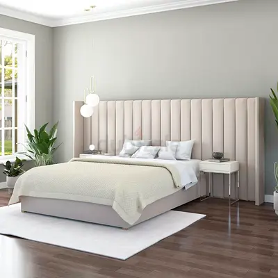 Lavender Gray Fabric Luxury Bed With Headboard