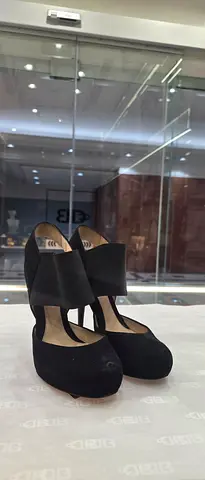 Black suede platform high heels with ankle strap - size available