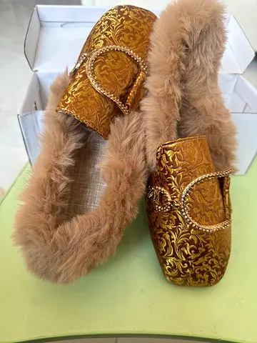 Gold Brocade Fur Lined Mules with Crystal Buckle Detail