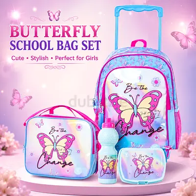 Girls Butterfly School Bag Set with Trolley, Lunchbox & Bottle