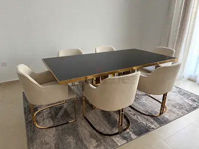 Modern 6-Seater Dining Table with Upholstered Chairs and Gold Frame