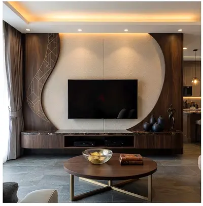 Modern wooden TV entertainment unit with decorative wall panel