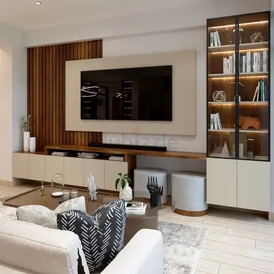 Modern wall-mounted entertainment unit with display cabinet and TV panel