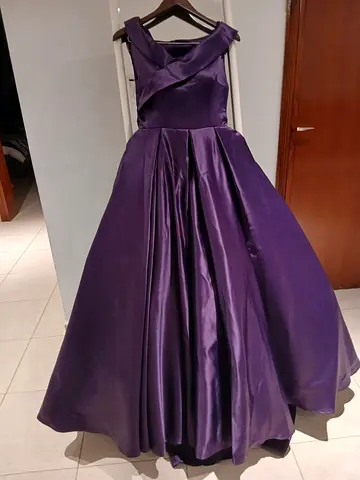 Purple satin off-shoulder formal evening dress, size approx M