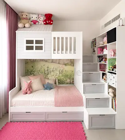 White Kids Bunk Bed with Stairs, Storage Drawers and Playhouse Design - Good Condition