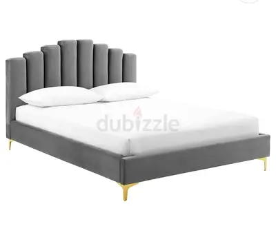 Grey Velvet Platform Bed with Channel-Tufted Headboard