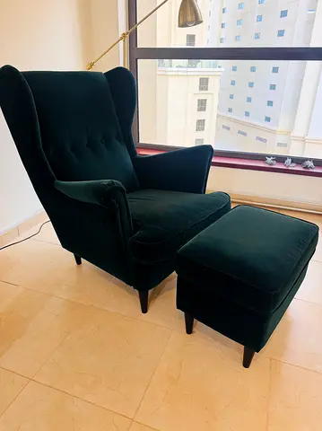 Ikea Strandmon Dark Green Velvet Wingback Armchair with Ottoman and extra cover- Very good Condition