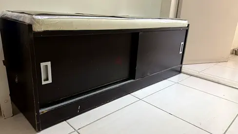 Wooden Shoes cabinet/storage bench - dark brown, sliding doors with Imitation Beige Leather top.