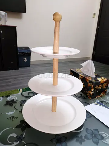 Three-tier White Ceramic & Wood Dessert Stand